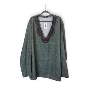 OUKU Green Cotton Linen Boho Tunic Top V-Neck Long Sleeve Women's Plus XXXL NWT